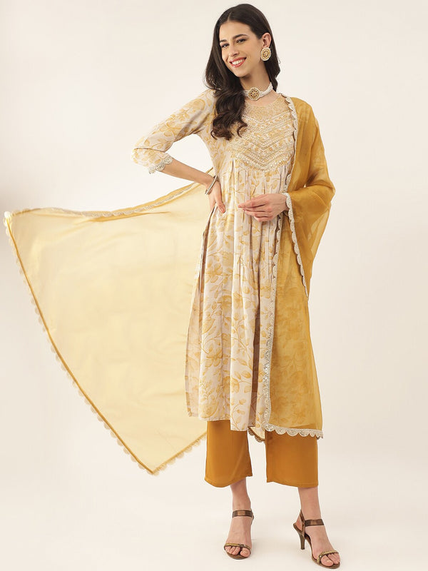 Khushal K Ethnic Motifs Printed Thread & Mirror Work Kurta with Trousers & Dupatta - Distacart