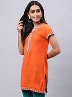 Thumbnail for Souchii Orange Floral Embroidered Mirror Work Mirror Work Kurti - Distacart