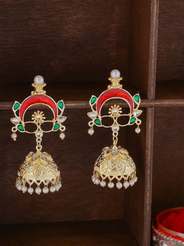 Shoshaa Gold-Plated & Red Enamelled Classic Jhumkas - Distacart