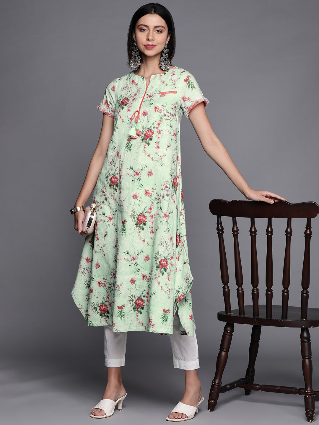 Biba Women Green & Pink Floral Printed Kurta - Distacart