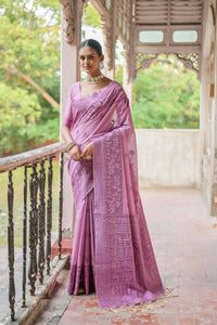 Thumbnail for Vishnu Weaves Women's Wine Handloom Raw Silk Woven Border Saree with Blouse - Distacart