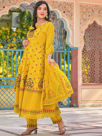 Thumbnail for Sangria Yellow Floral Printed & Mirror Work Cotton Anarkali Kurta With Trouser & Dupatta - Distacart