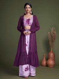 Thumbnail for Myra Purple Koti Style Silk and Georgette Embroidered Palazo Suit - Distacart
