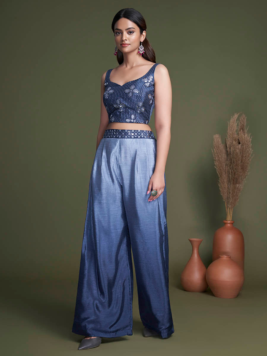Myra Navy Koti Style Silk and Georgette Embroidered Palazo Suit - Distacart