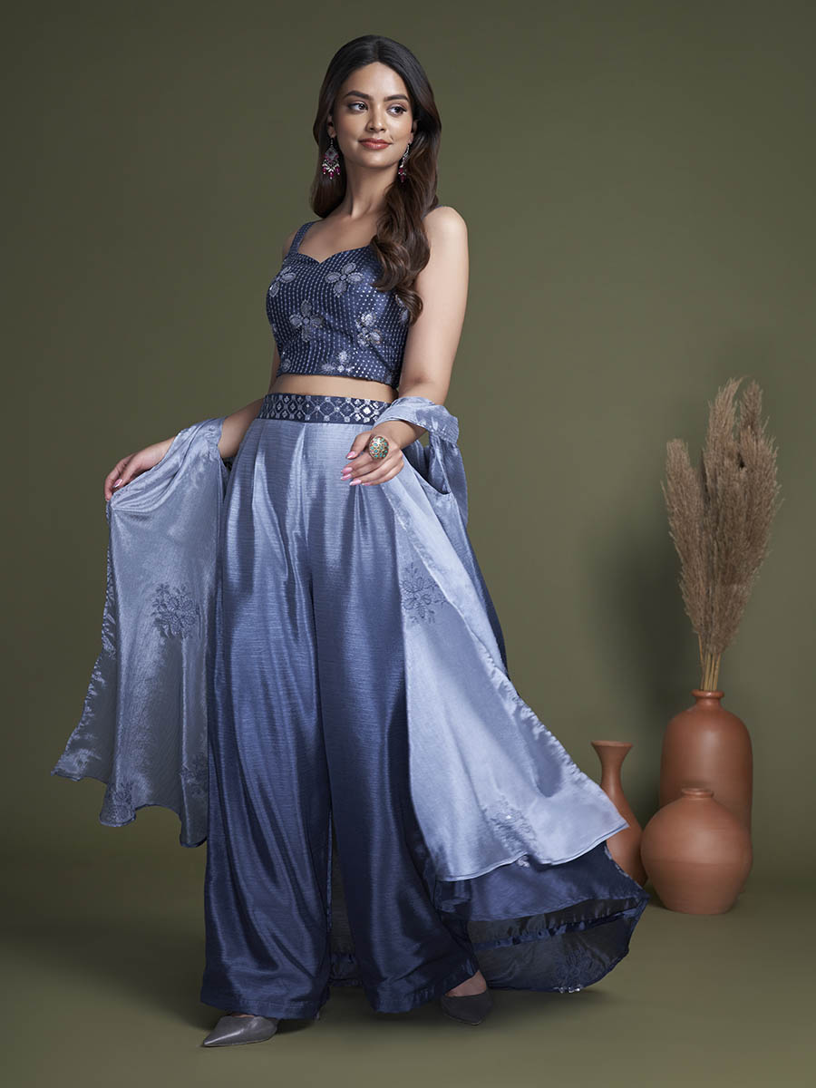 Myra Navy Koti Style Silk and Georgette Embroidered Palazo Suit - Distacart