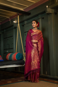 Thumbnail for Vardha Wine Purple Golden Zari Banarasi Satin Silk Saree