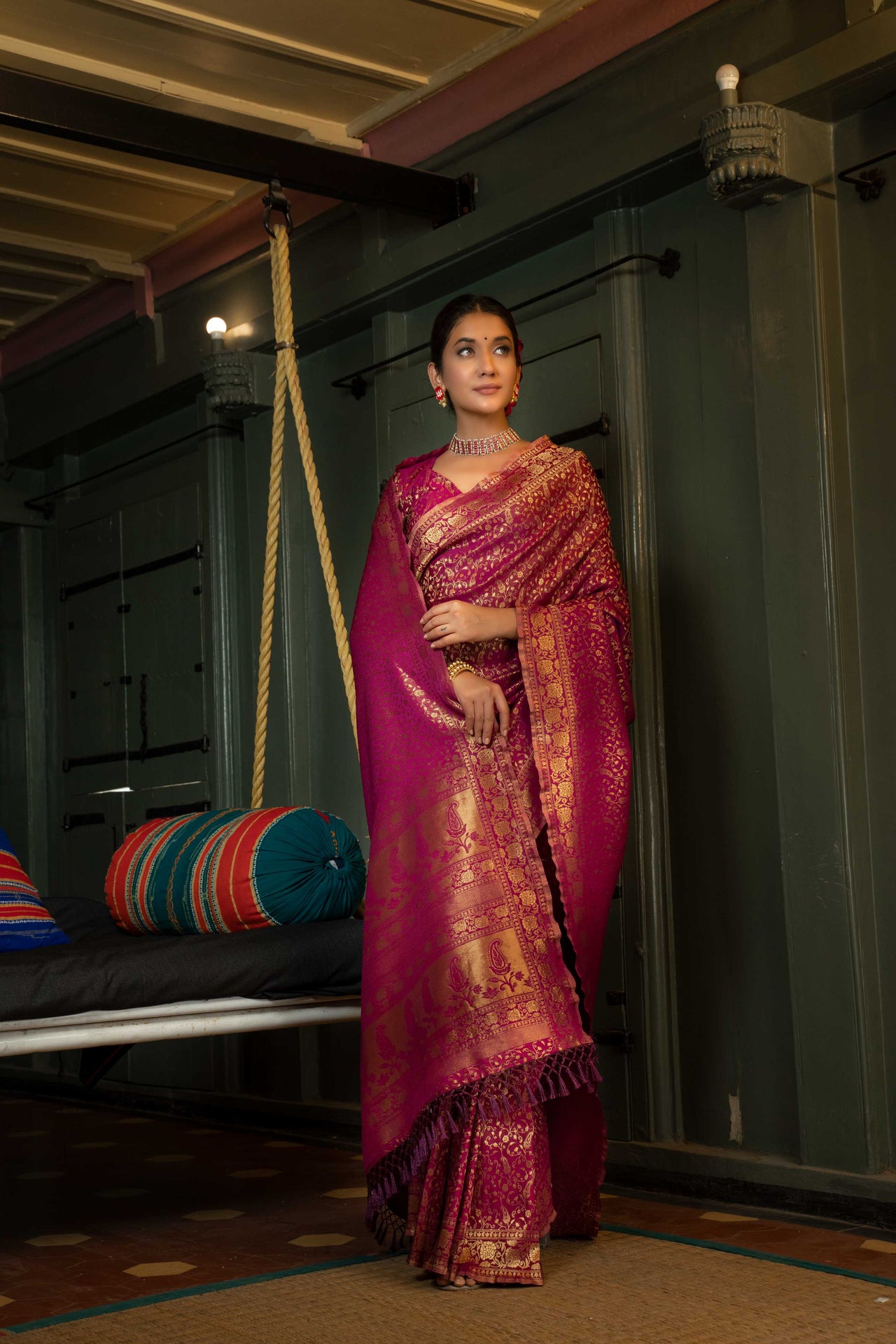 Vardha Wine Purple Golden Zari Banarasi Satin Silk Saree