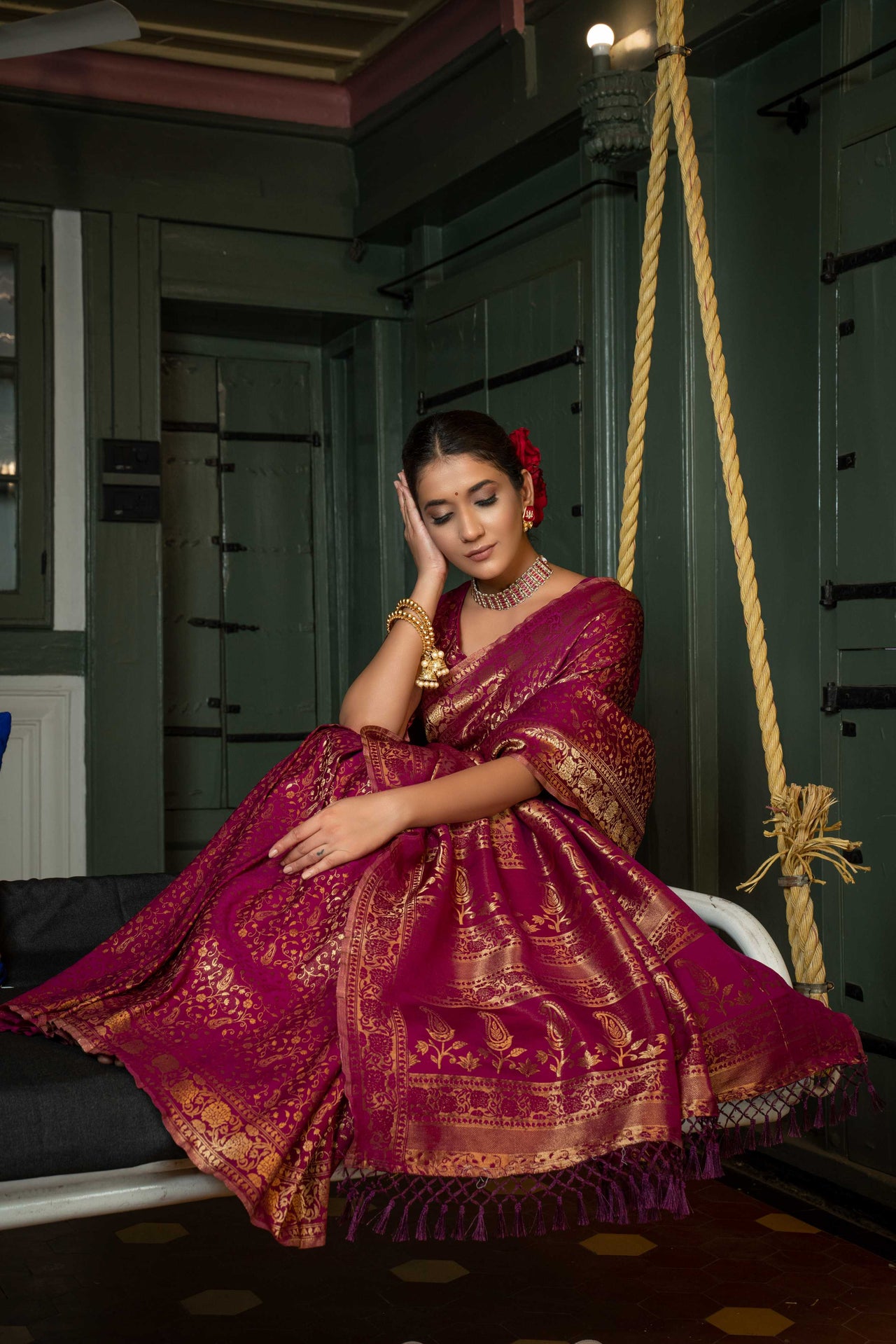 Vardha Wine Purple Golden Zari Banarasi Satin Silk Saree