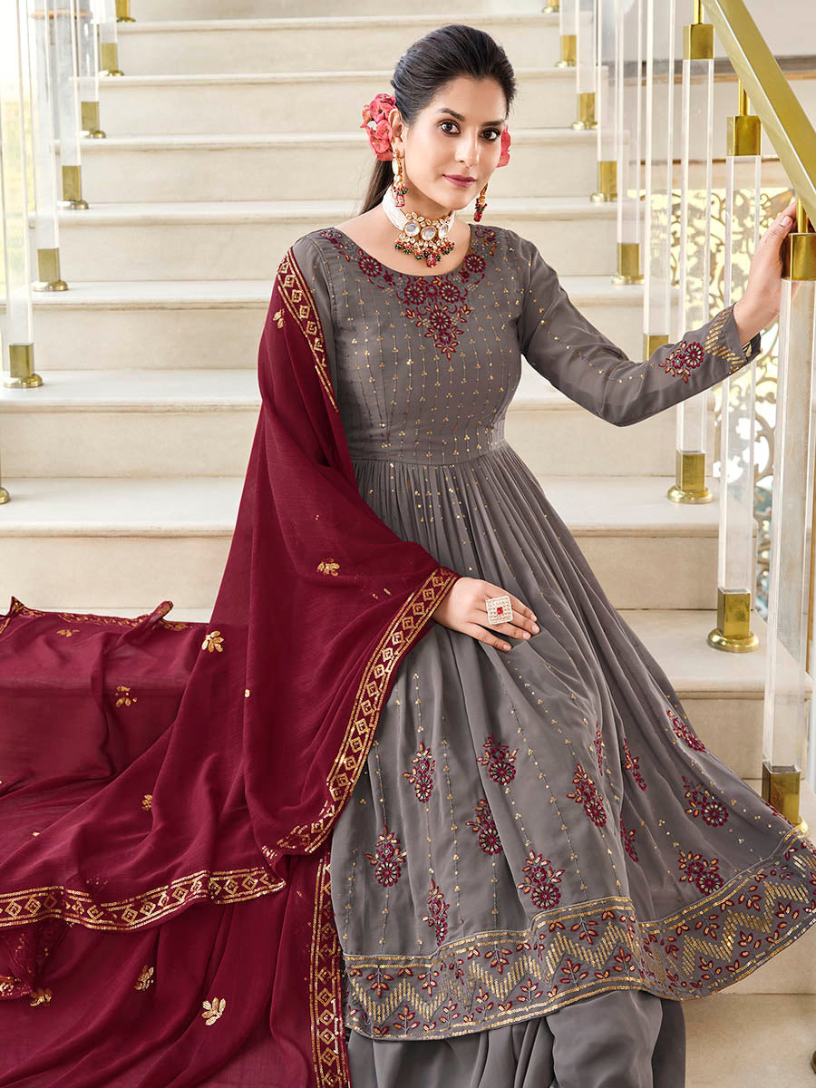 Myra Grey and Wine Real Georgette Gharara Suit - Distacart