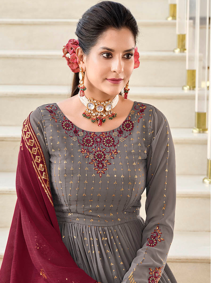 Myra Grey and Wine Real Georgette Gharara Suit - Distacart