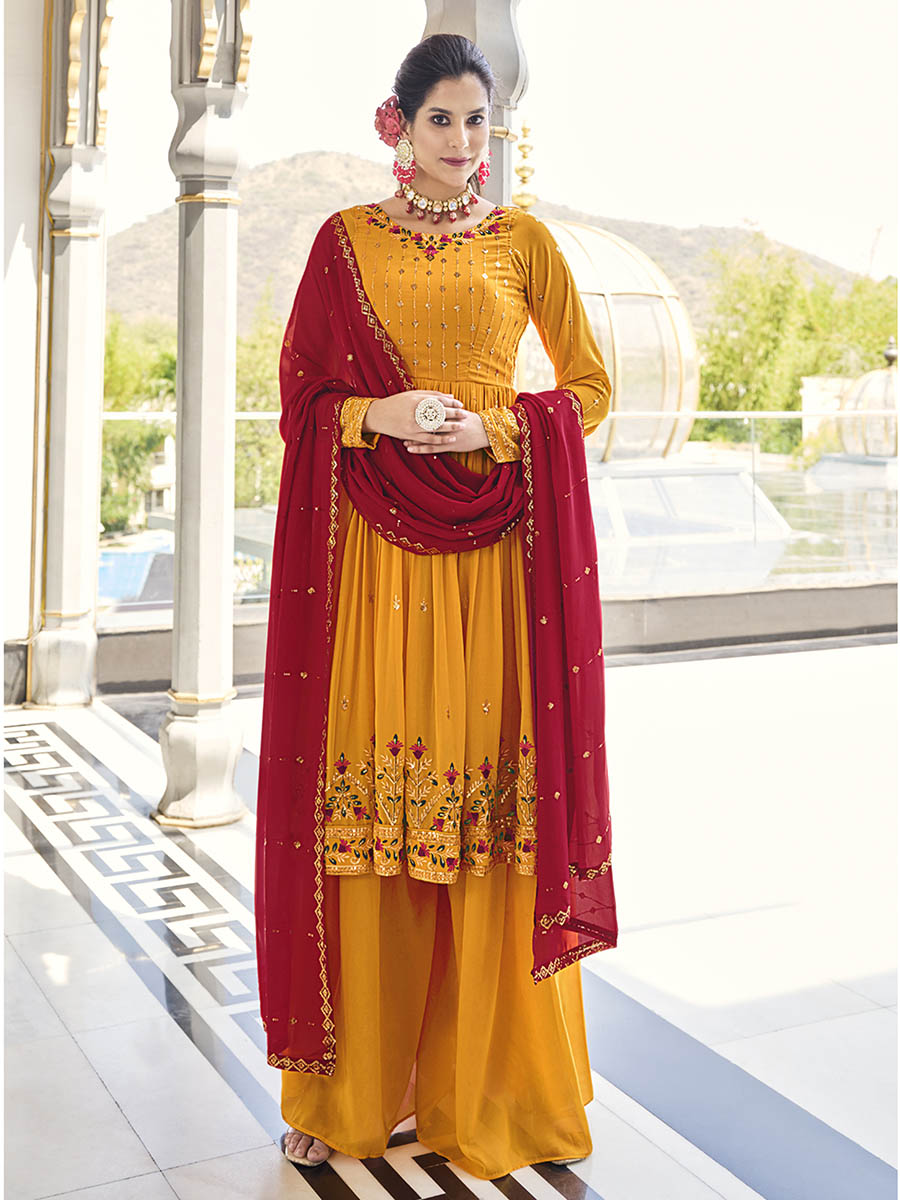 Myra Mustard Yellow and Red Real Georgette Gharara Suit - Distacart