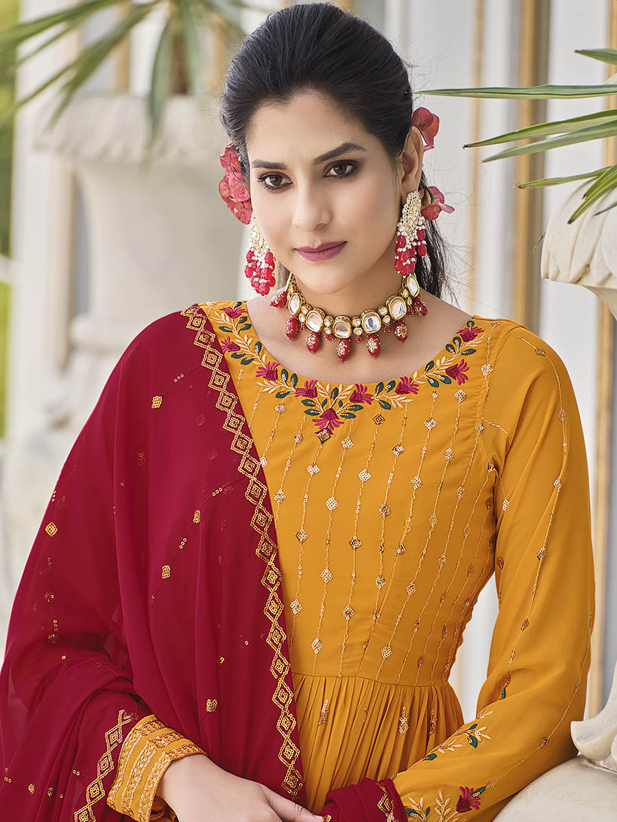 Myra Mustard Yellow and Red Real Georgette Gharara Suit - Distacart