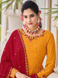 Thumbnail for Myra Mustard Yellow and Red Real Georgette Gharara Suit - Distacart