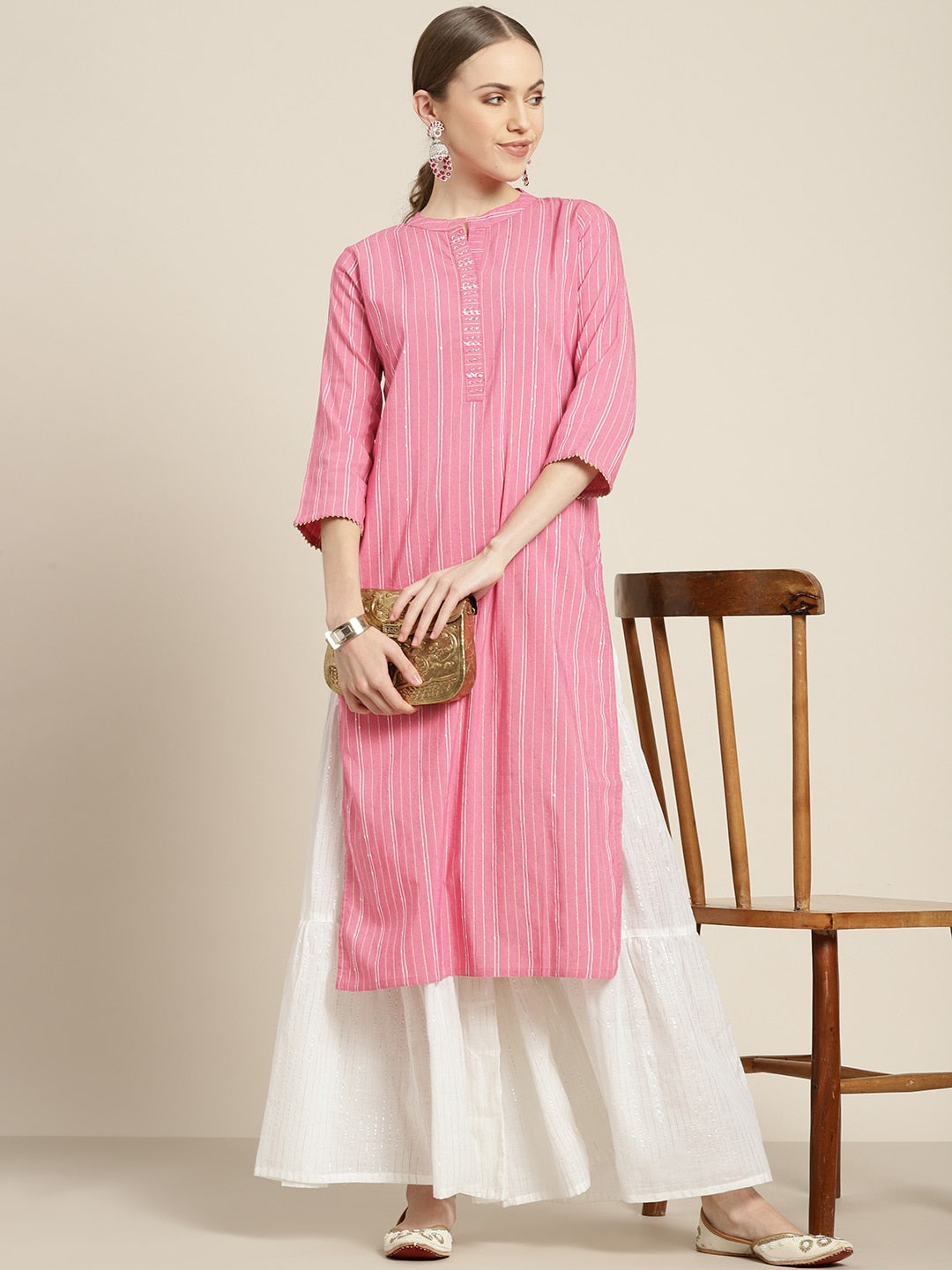 Sangria Women Pink & White Striped Sequin Detail Kurta - Distacart