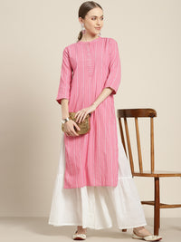 Thumbnail for Sangria Women Pink & White Striped Sequin Detail Kurta - Distacart