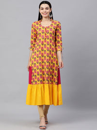 Thumbnail for HERE&NOW Women Yellow & Pink Ethnic Motifs Pure Cotton Printed Kurta - Distacart