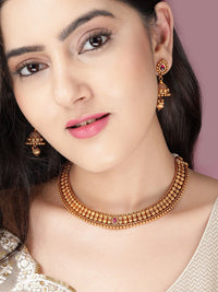 Thumbnail for Rubans Gold-Plated Pink Stone-Studded & Beaded Handcrafted Temple Jewellery Set - Distacart
