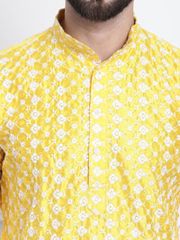 Thumbnail for Sojanya Men Yellow & White Ethnic Motifs Embroidered Straight Kurta - Distacart