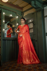 Thumbnail for Vardha Light Red Golden Zari Banarasi Satin Silk Saree
