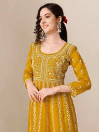 Thumbnail for HERE&NOW Ethnic Motifs Embroidered Chikankari Georgette Anarkali Kurta - Distacart