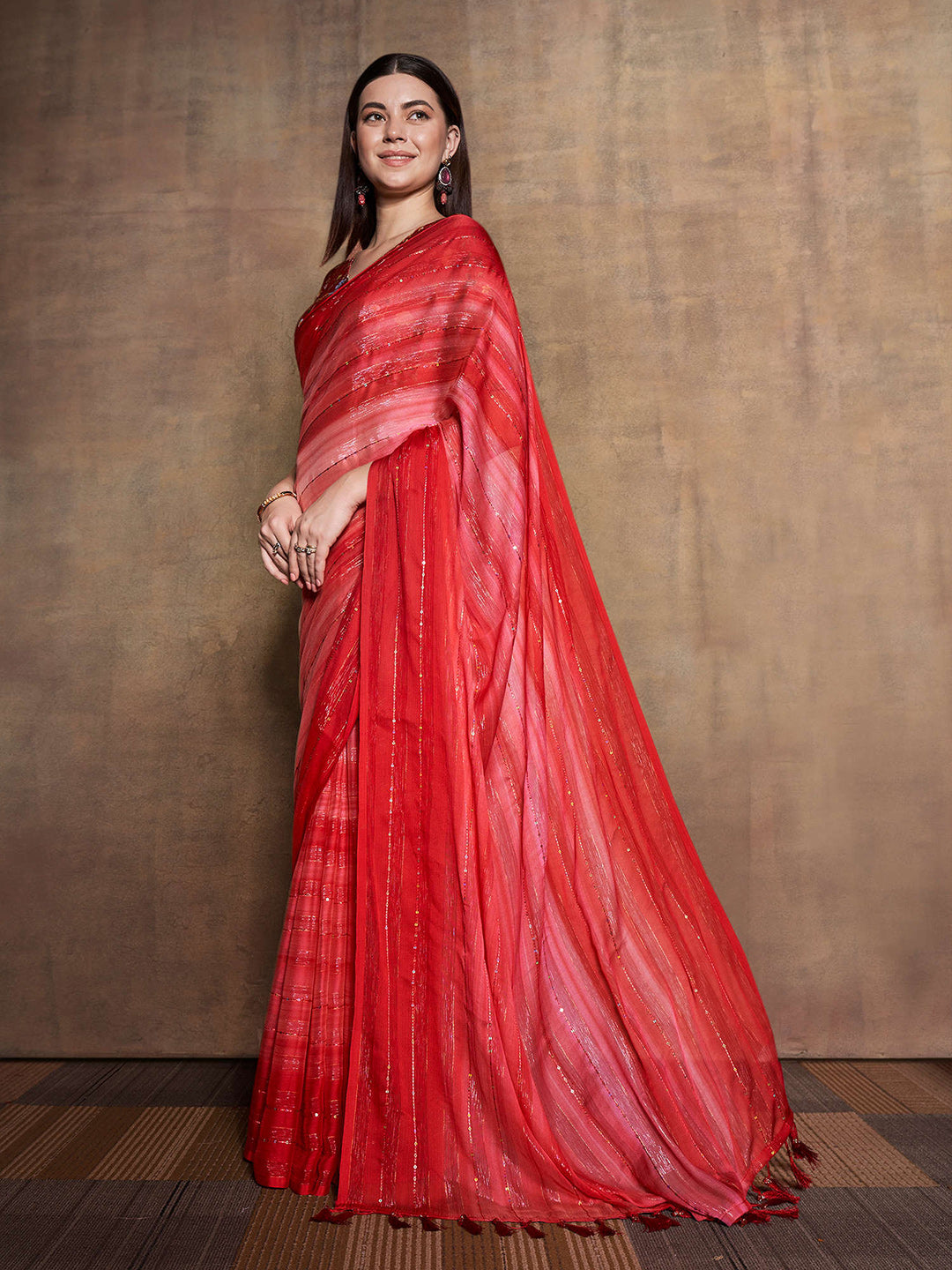 Mitera Red & Peach-Coloured Embellished Sequinned Pure Chiffon Saree - Distacart