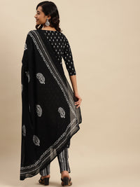 Thumbnail for Sangria Black Ethnic Motifs Printed Pure-Cotton Straight Kurta With Trouser & Dupatta - Distacart