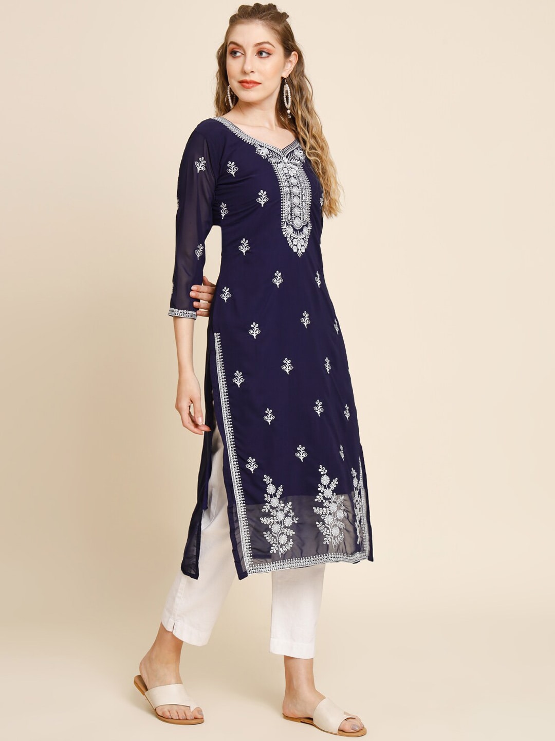 HERE&NOW Ethnic Motifs Embroidered Georgette Kurta - Distacart