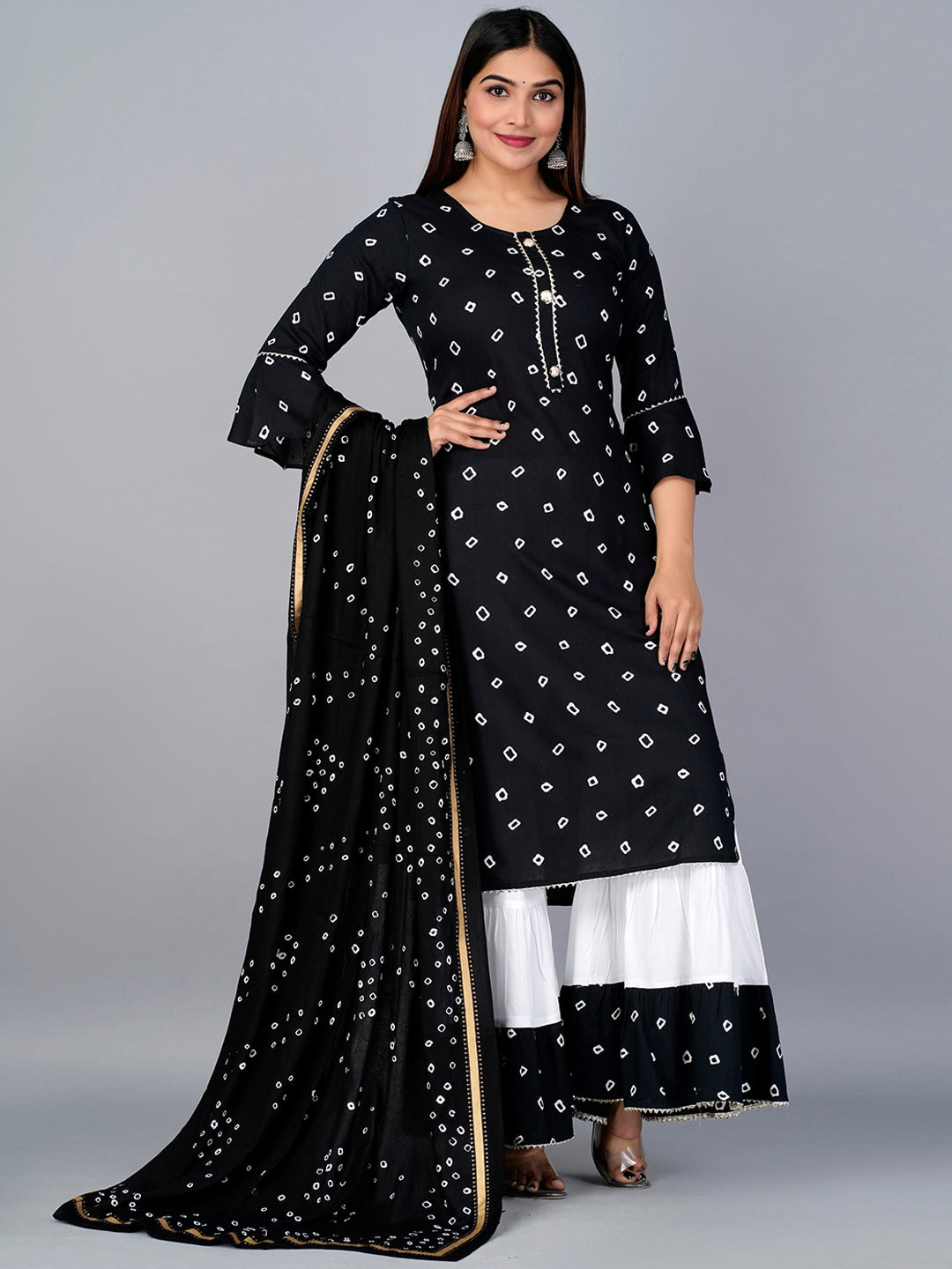 Kalini Bandhani Printed Kurta with Sharara & Dupatta - Distacart