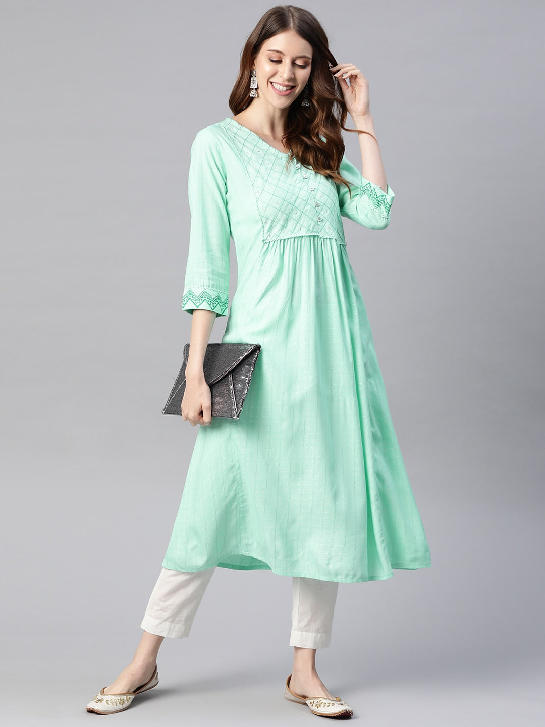 HERE&NOW Women Sea Green Yoke Design A-Line Kurta - Distacart