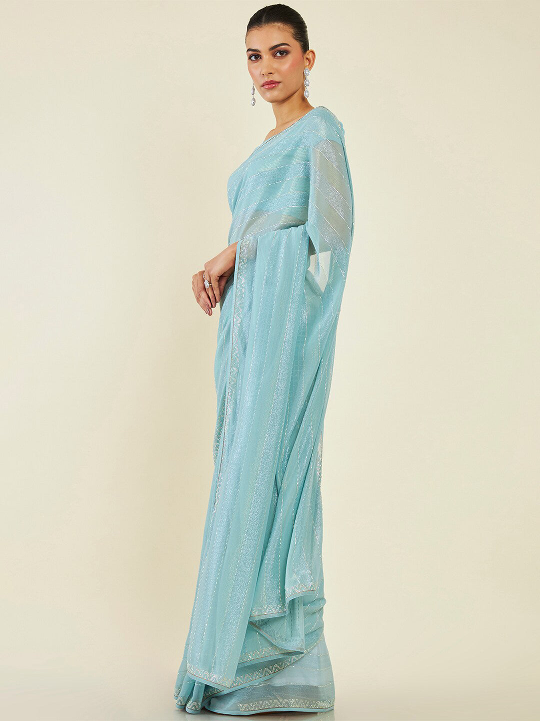 Soch Striped Embellished Pure Chiffon Saree - Distacart