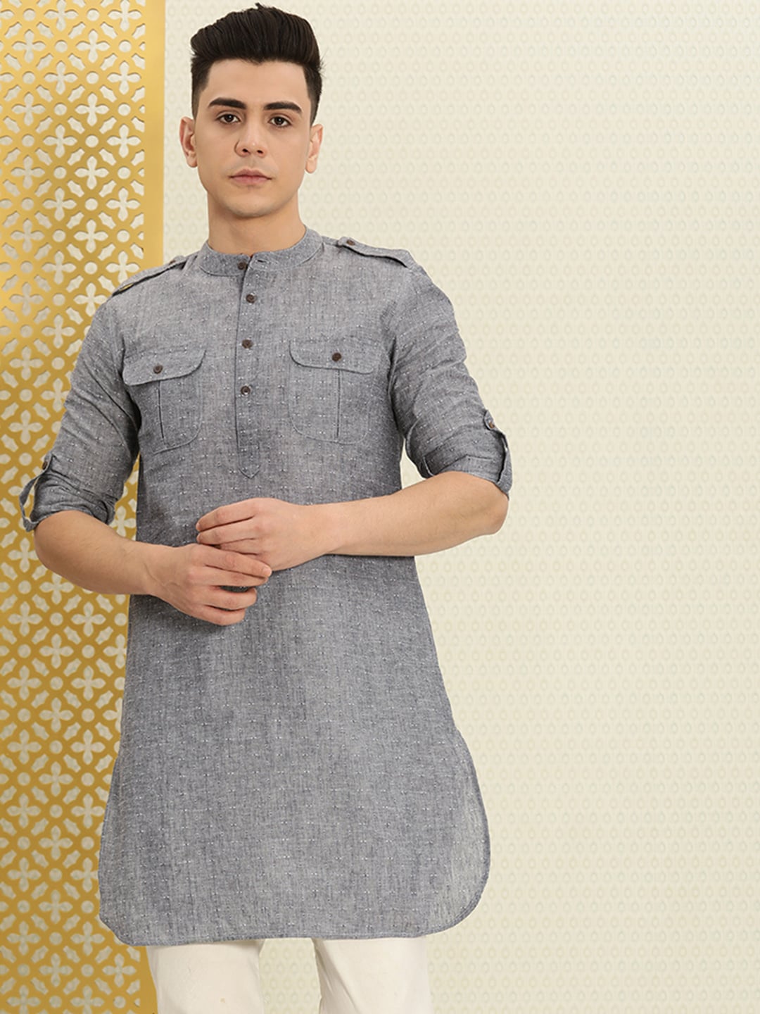 House of Pataudi Men Grey Solid Roll Up Sleeved Pathani Kurta - Distacart