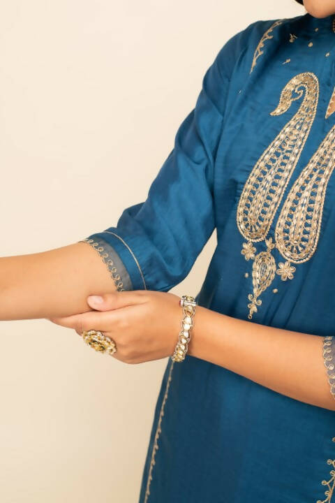 FIORRA Women's Teal Blue Silk Blend Straight Kurta Palazzo Set With Dupatta - Distacart