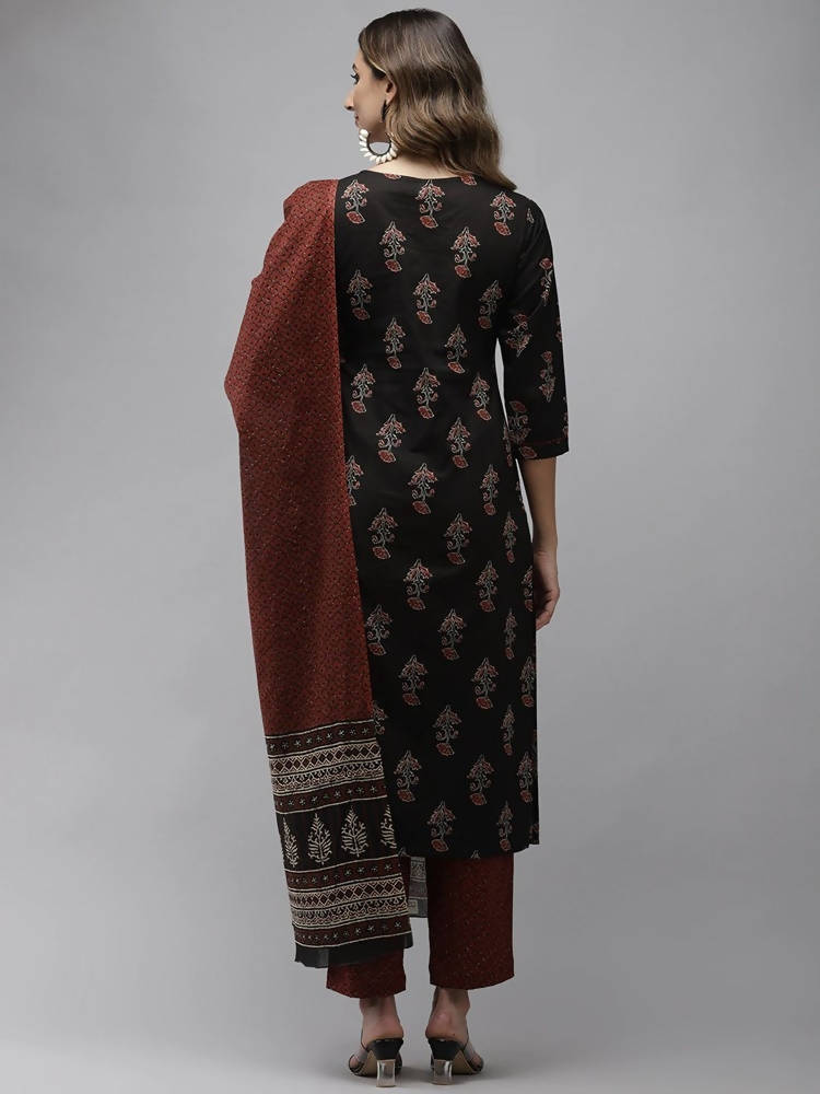 Yufta Women Black & Rust Brown Ethnic Motifs Printed Kantha Work Pure Cotton Kurta Set
