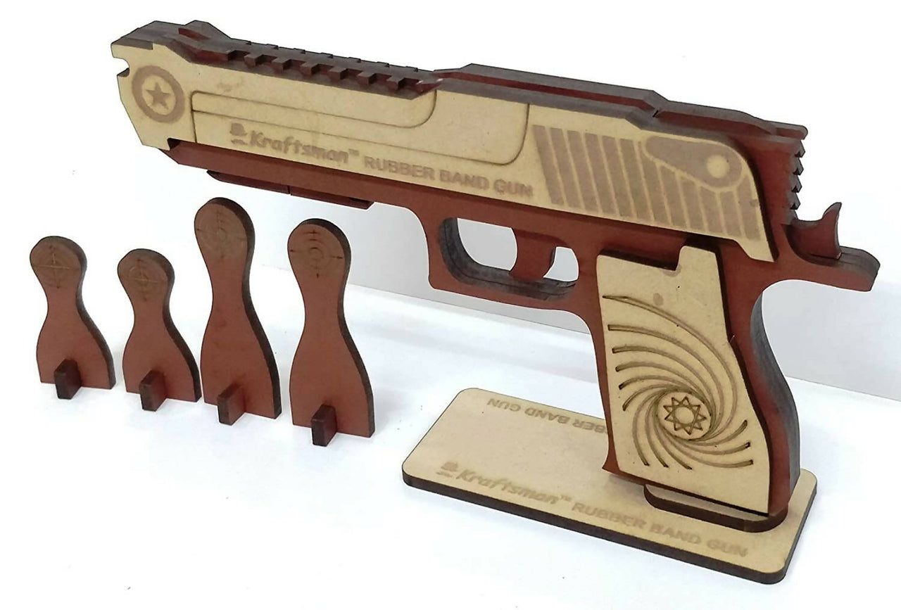 Kraftsman Semi-Automatic Wooden Rubber Band Shooting Gun Toys for Kids & Adults with Target | 5 Rapid Fire Shots - Distacart