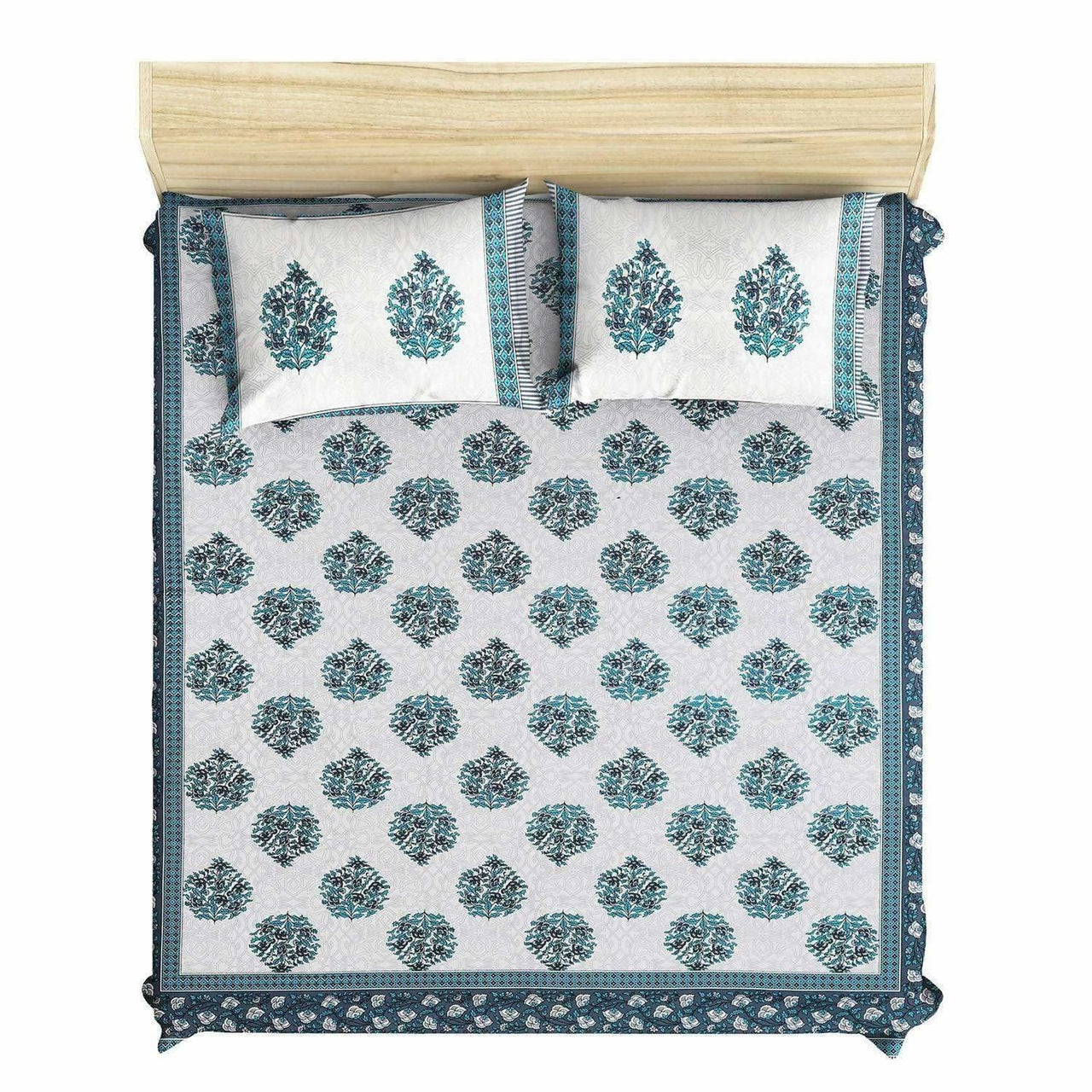 Queen Size 230x270 Cms Jaipuri Hand Block Printed Traditional 144TC Cotton Bedsheet with 2 Pillow Covers - Distacart