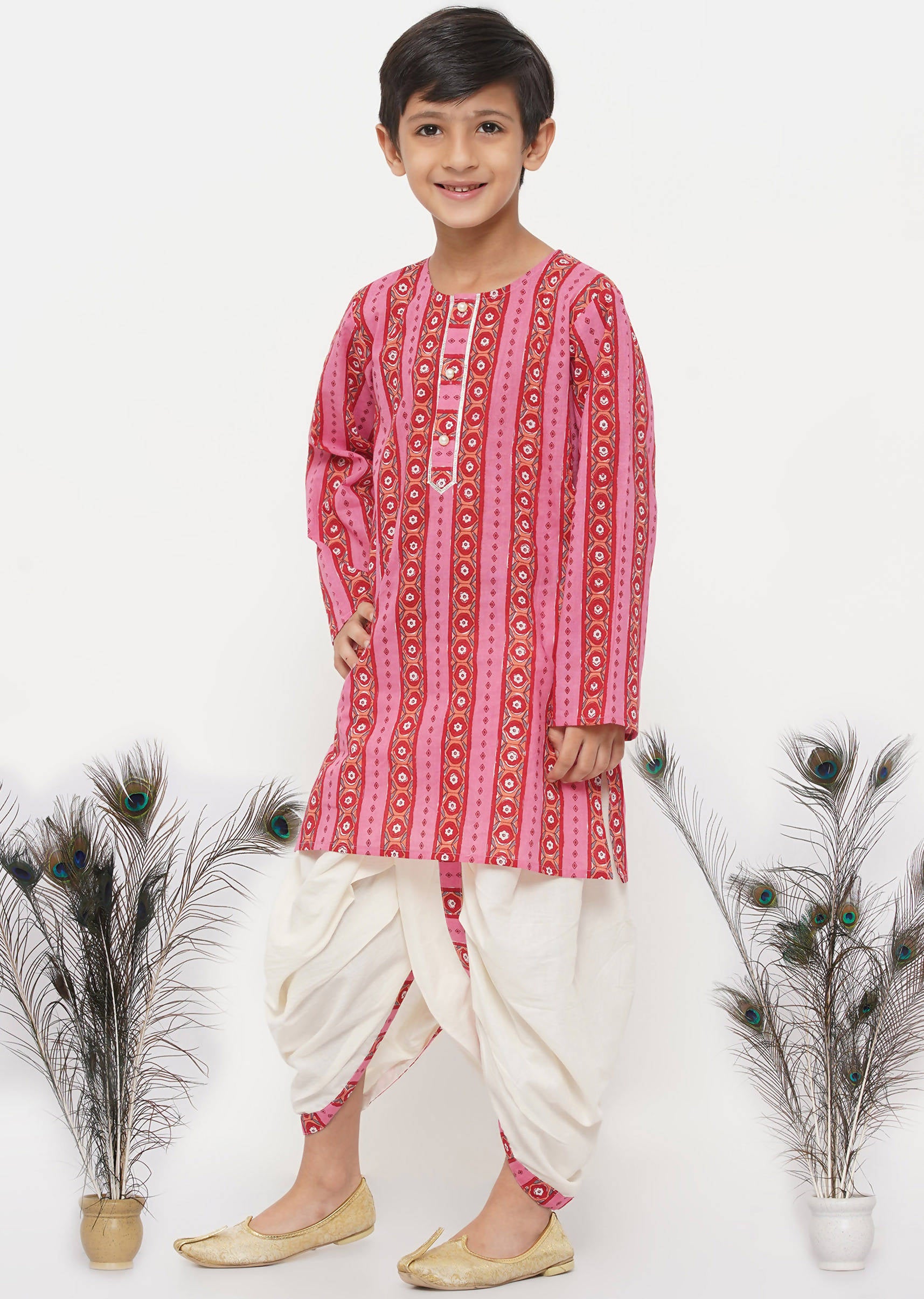 Little Bansi Cotton Striped Kurta with Pearl Buttons & Dhoti -Pink & Cream - Distacart