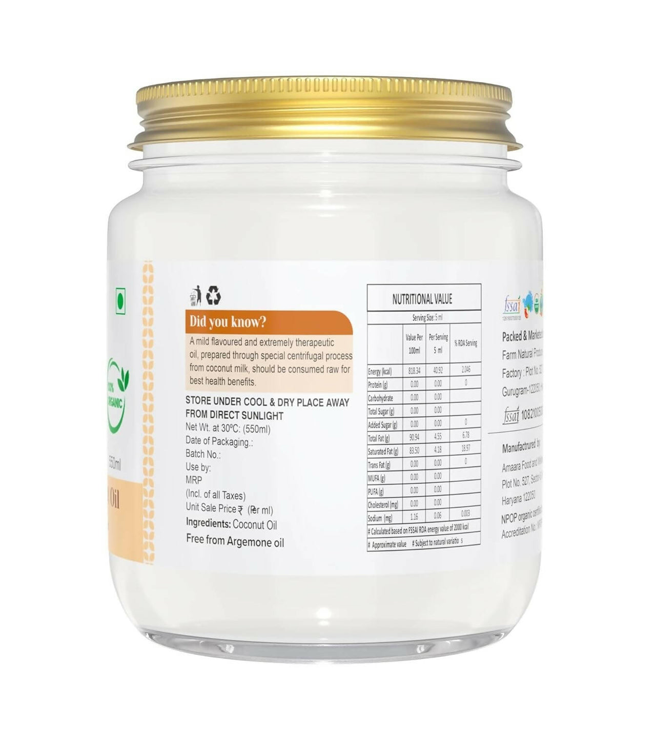 Farm Naturelle 100% Pure Organic Extra-Virgin Cold Pressed Coconut Oil - Distacart