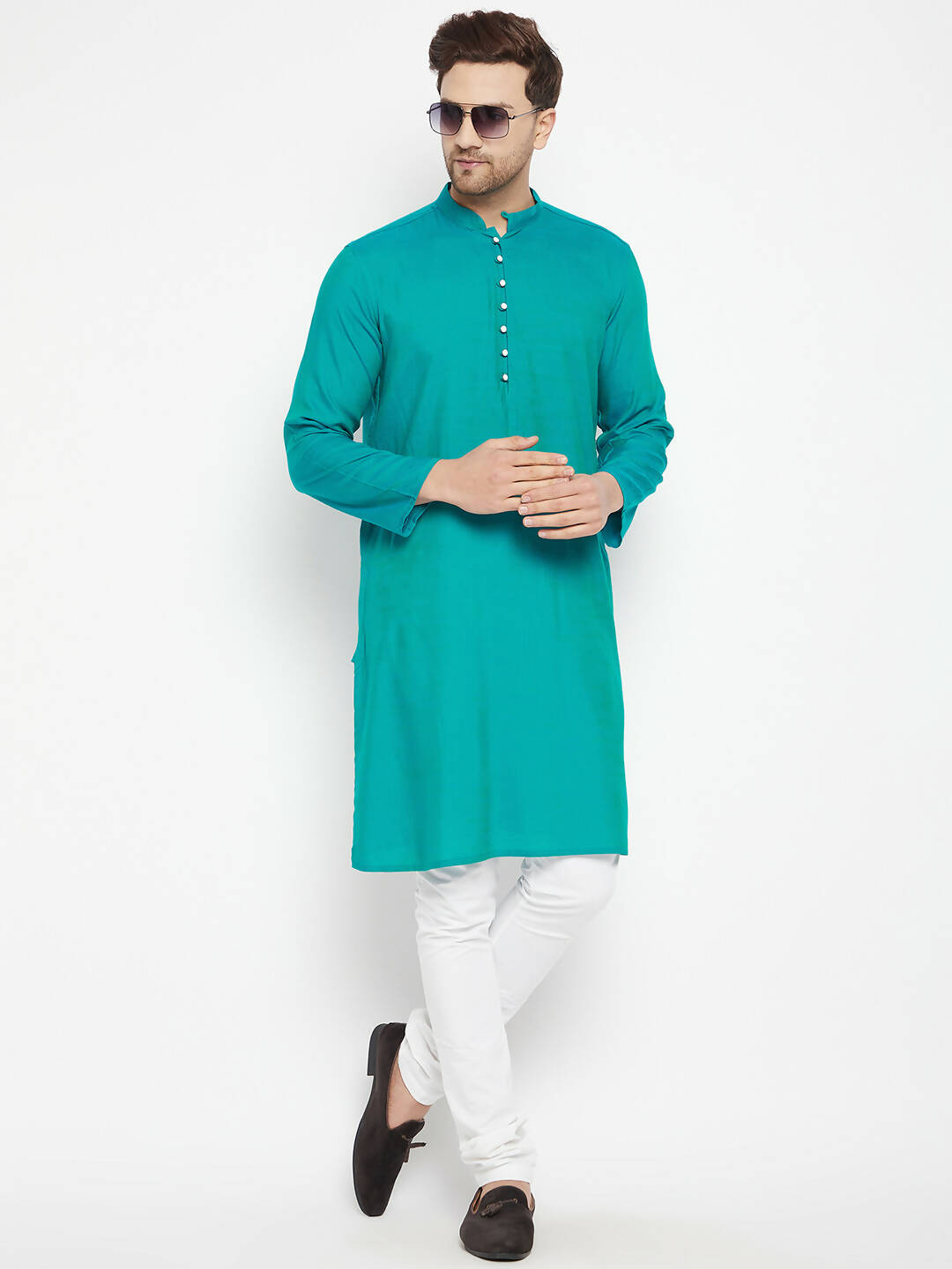 Even Apparels Green Viscose Long Men's Kurta With Band Collar - Distacart