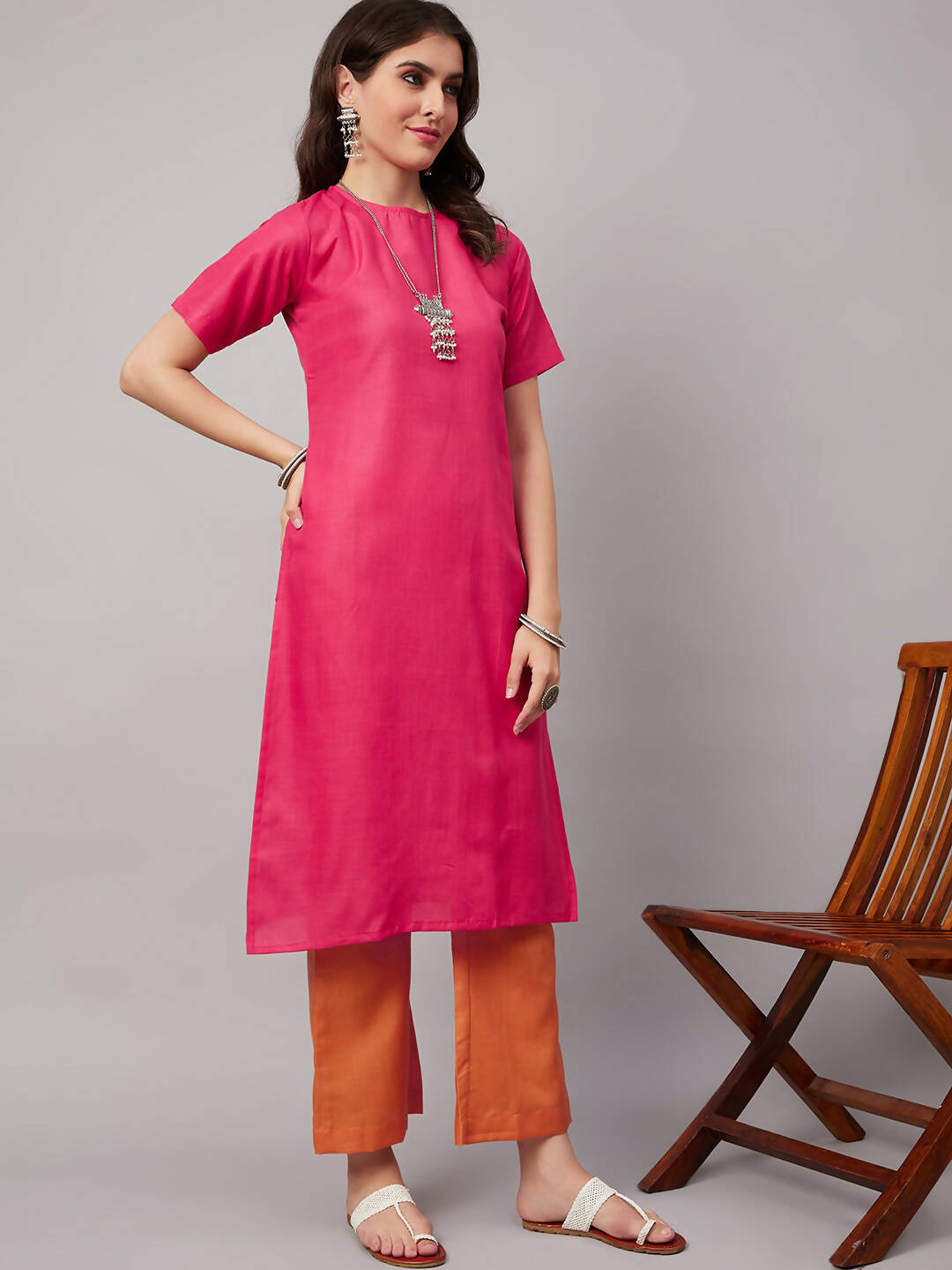 Pink Polyester solid Kurta with Palazzos - Vishwa - Distacart