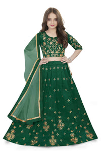 Thumbnail for Dwiden Green Rohini Tafetta Sattin Semi-Stitched Girl's Lehenga Choli - Distacart