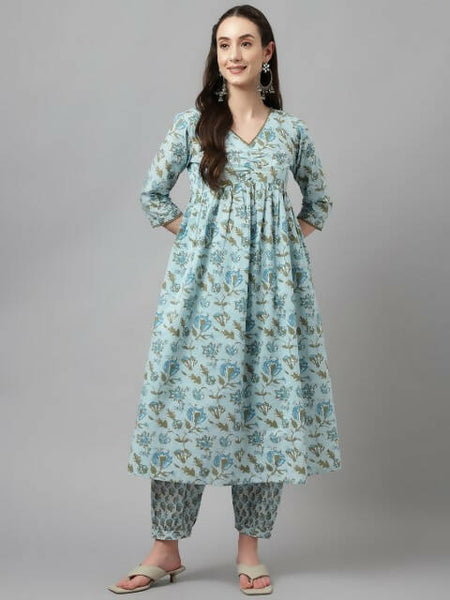 FIORRA Women's Sky Blue Pure Cotton Flared Kurta Set - Distacart