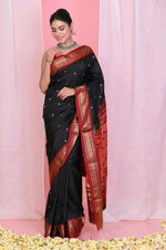Thumbnail for Very Much Indian Traditional Black Pure Silk Paithani With Red Border & Double Pallu - Distacart