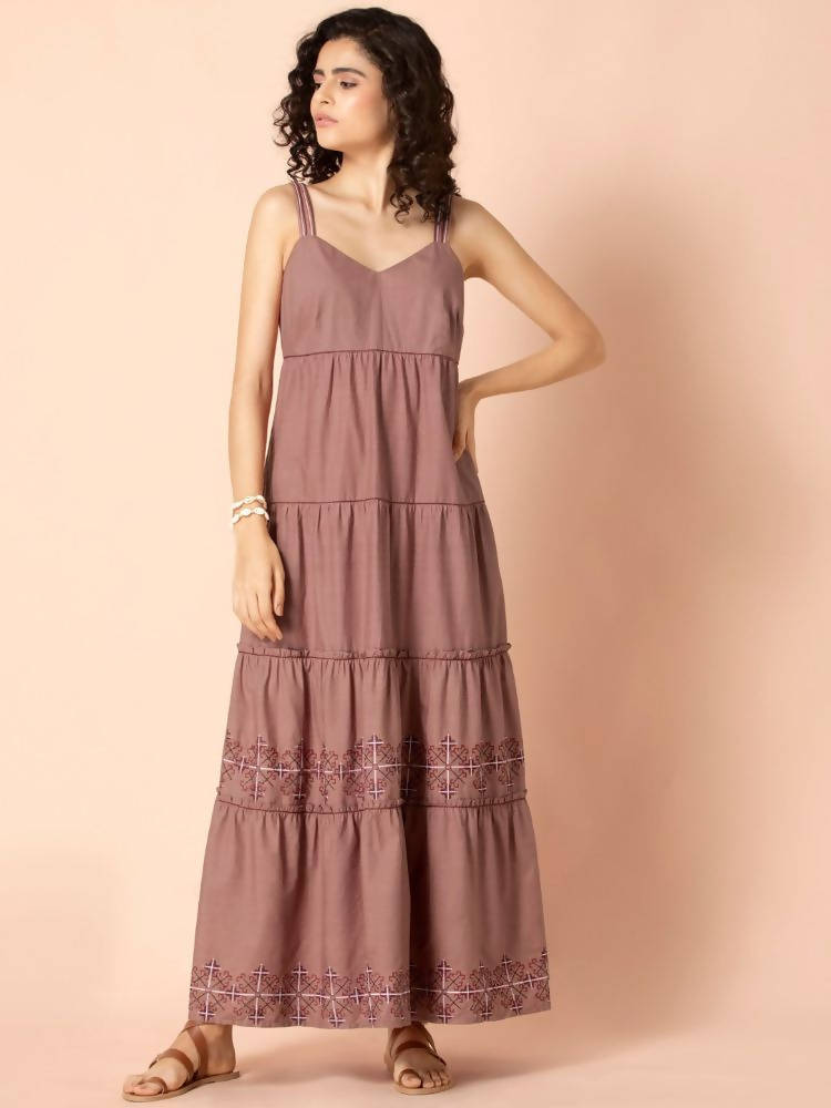 Indya Rose Pink Embroidered Tiered Maxi Dress - Distacart