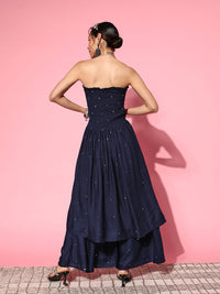 Thumbnail for InWeave Women's Navy Blue Mirror Work Off Shoulder Kurta Set - Distacart