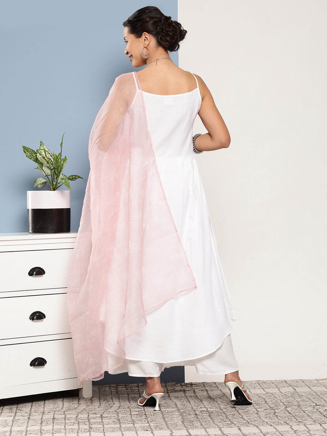 InWeave Women's Cream Strappy With Pink White Chintz Organza Dupatta - Distacart