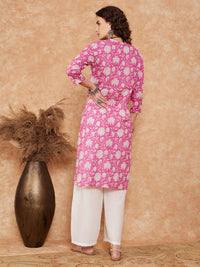 Thumbnail for InWeave Women's Pink White Floral Square Lace Work Straight Kurta - Distacart