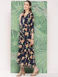 Thumbnail for InWeave Women's Black Tropical Print Gota Long Dress - Distacart