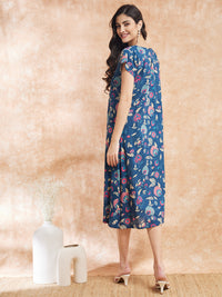 Thumbnail for InWeave Women's Blue Pink Kalamkari A Line Dress - Distacart