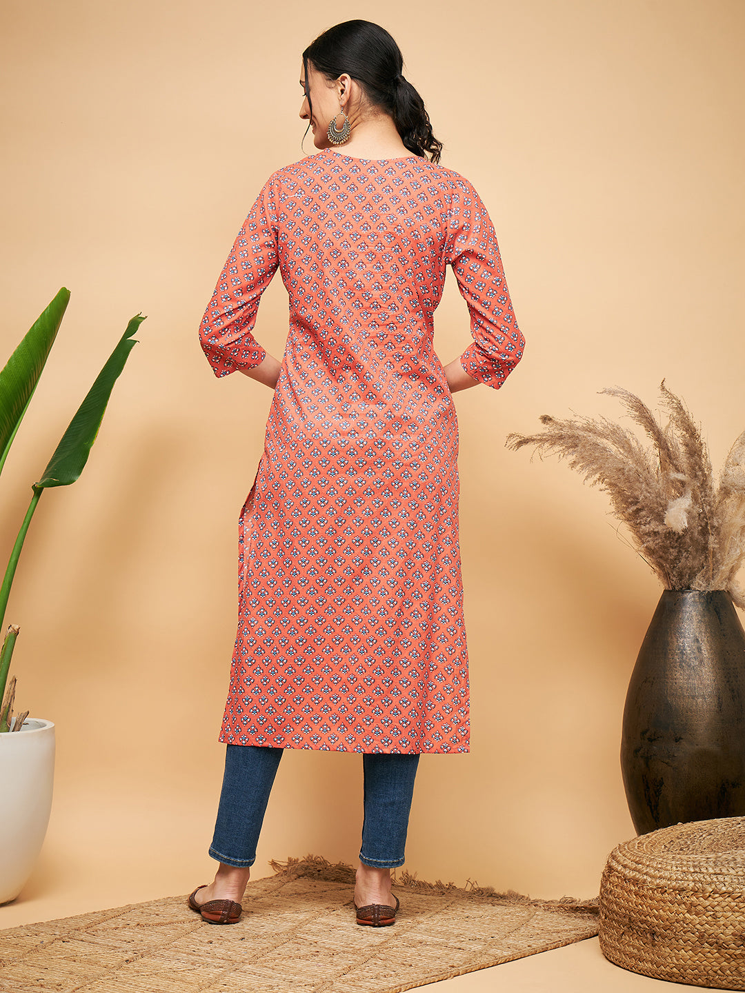 InWeave Women's Coral Blue Boota Print Gota Straight Kurta - Distacart