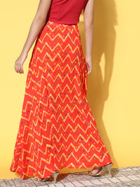 Thumbnail for InWeave Women's Orange Bandhej Pleated Skirt - Distacart